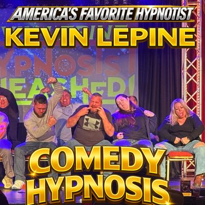 Kevin Lepine hypnotized volunteers making funny faces on stage during a live comedy hypnosis show.