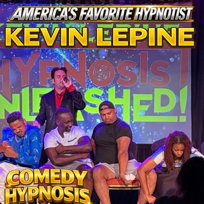 Kevin Lepine funny hypnotized volunteers on stage during a live comedy hypnosis show.